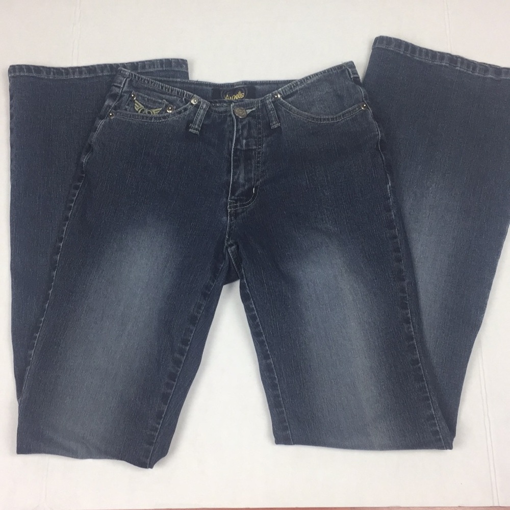 ANGELS DISTRESSED FLARE CUT JEANS WITH BLING